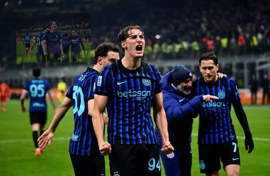 Selebrasi Pio Espisito setelah cetak gol kemenangan Inter atas Lecce