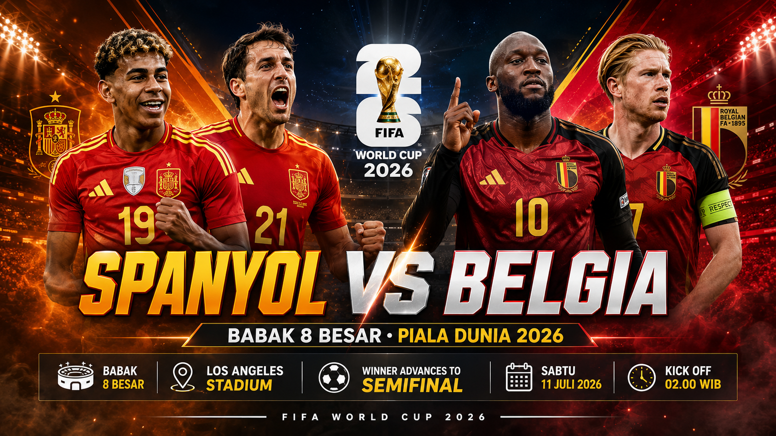 Spanyol akan menghadapi Belgia untuk memperebutkan tempat di babak semifinal melawan prancis.